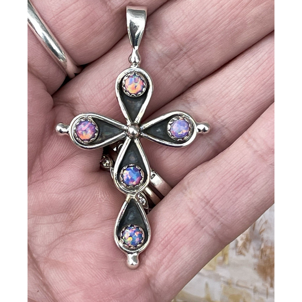 Sterling Silver Aurora Opal Cross Pendant Southwestern BIG 2” Pink Purple Fire
